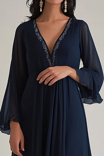 Navy A Line V-Neck Chiffon Formal Dress with Long Sleeves